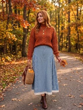 Vintage Junpers Denim western Blue Printed Cotton Skirt Lace Hem large